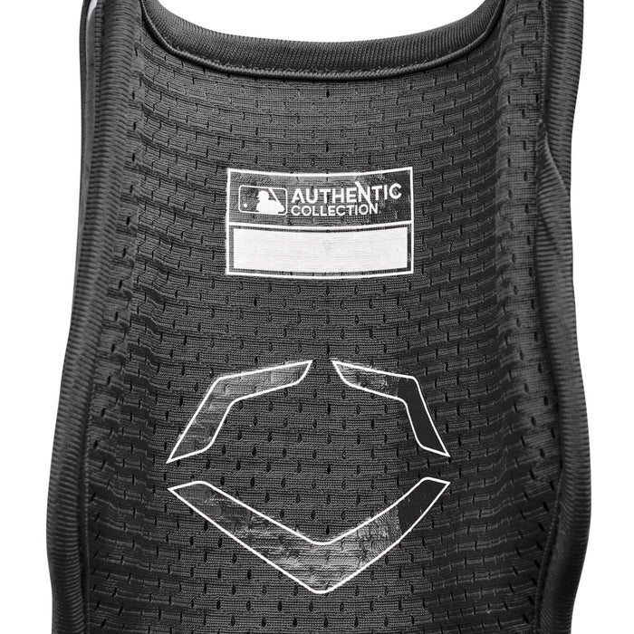 Close-up of an EvoShield PRO-SRZ 2.0 Batter's Two Piece Elbow Guard featuring a black textured design, MLB Authentic Collection logo patch, stylized white logo, and inspired by innovative Gel-to-Shell Technology.