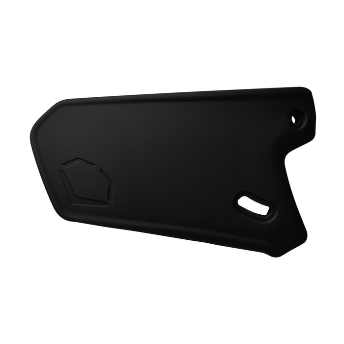 The EvoShield XVT Matte Batting Helmet Face Shield (Jaw Guard) WTV7305, a black angular plastic panel with two mounting cutouts and a raised geometric shape on the left, is shown against a white background.