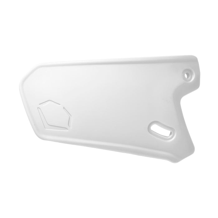 The EvoShield XVT Matte Batting Helmet Face Shield (Jaw Guard), by EvoShield, is a white, flat plastic panel with a smooth surface, small hexagonal outline, and two cutout holes—ideal for facial protection in batting helmets.