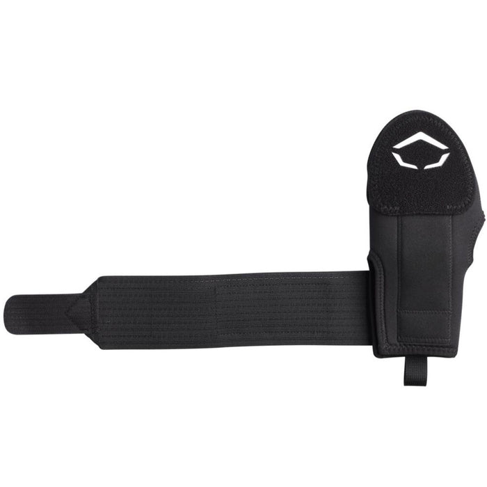 The EvoShield Youth Sliding Mitt: WB573380 is a black protective mitt with an adjustable Velcro strap and a white logo on the padded section, designed by EvoShield to provide support and protection during sports like baseball.