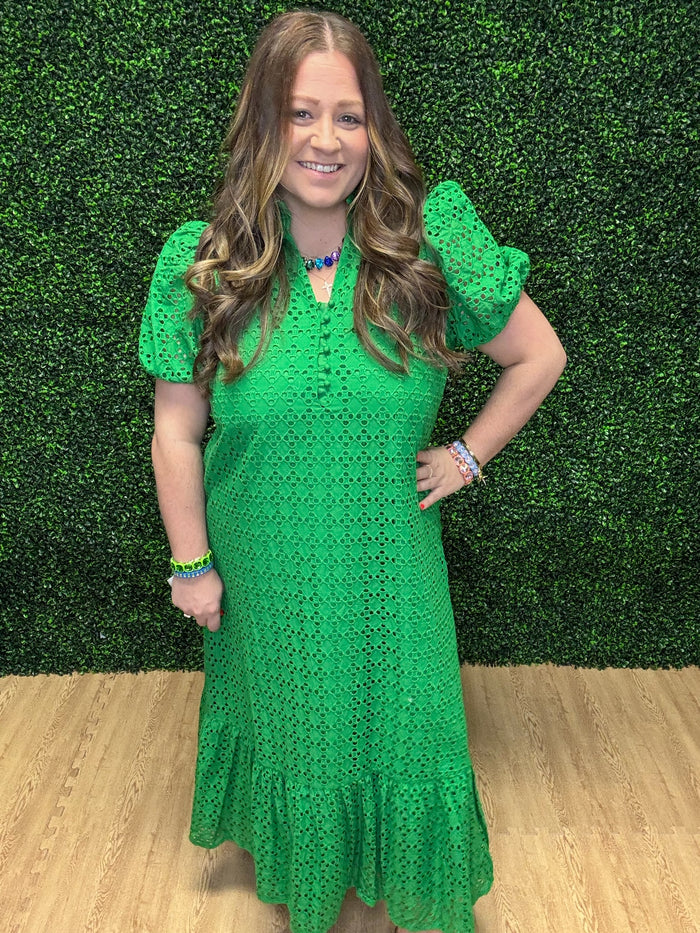 Eyelet Puff Sleeve Midi Dress-Entro