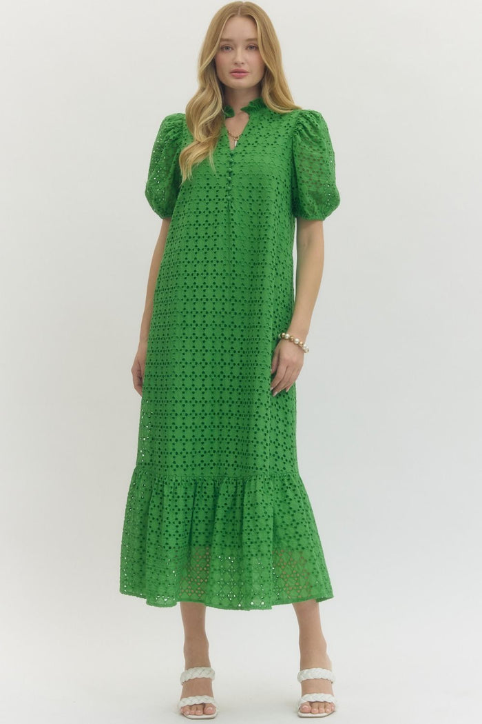Eyelet Puff Sleeve Midi Dress-Entro