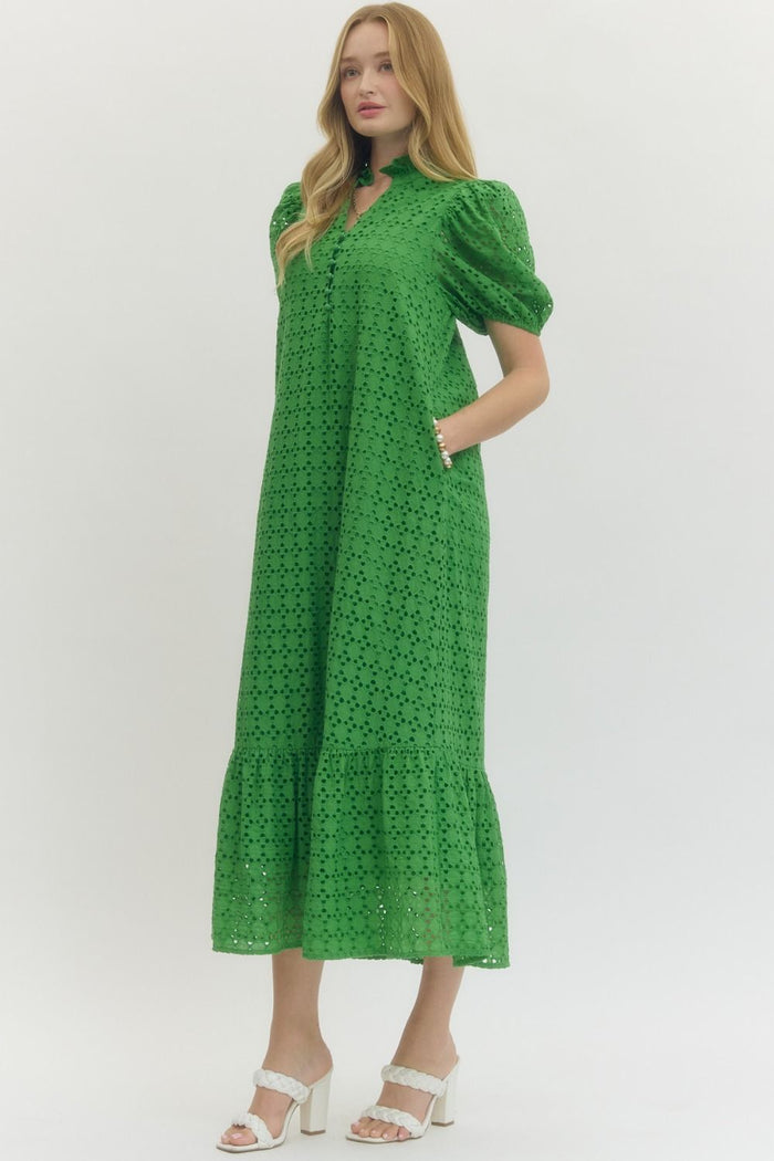Eyelet Puff Sleeve Midi Dress-Entro