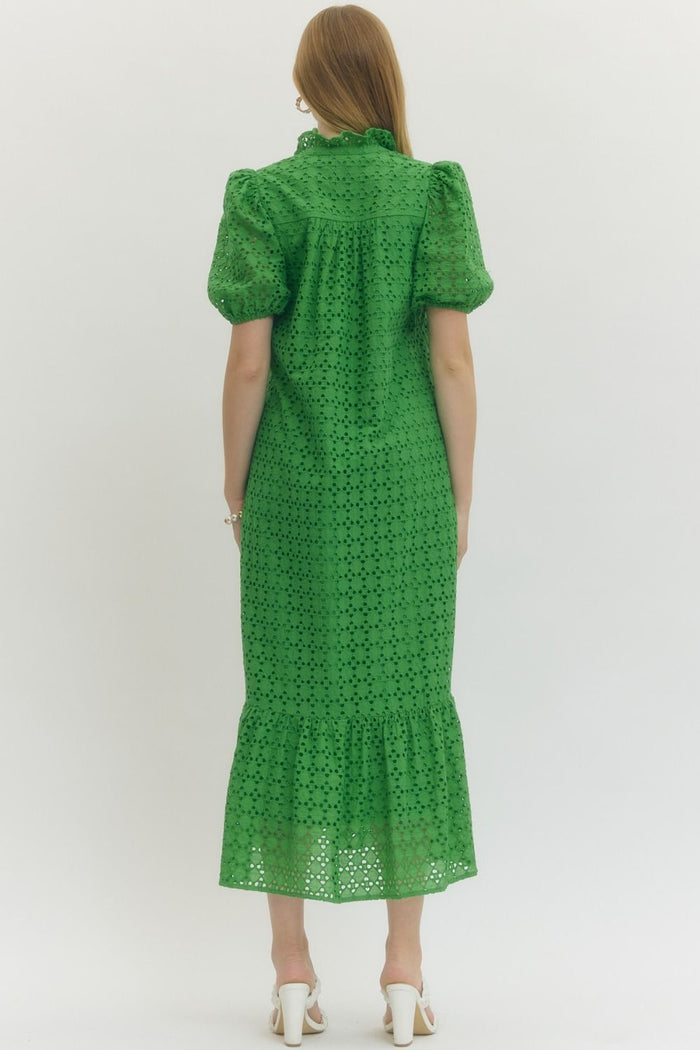 Eyelet Puff Sleeve Midi Dress-Entro