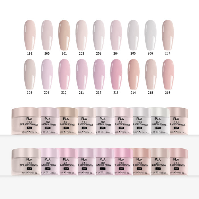 Set of nail powder jars with corresponding color swatches on a white background