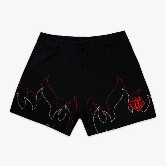 Flat lay of black sweatshorts with stitched red and white flame hem graphic and embroidered BL101 diamond logo.