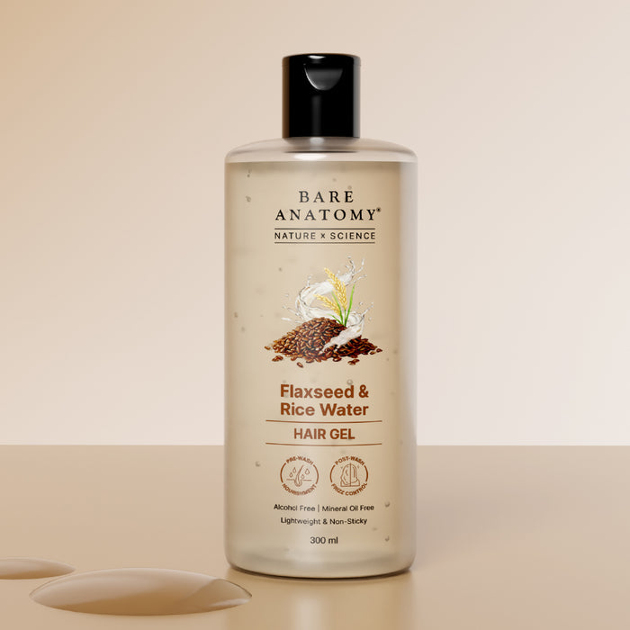 Bare Anatomy Flaxseed & Rice Water Hair Gel bottle on a beige background