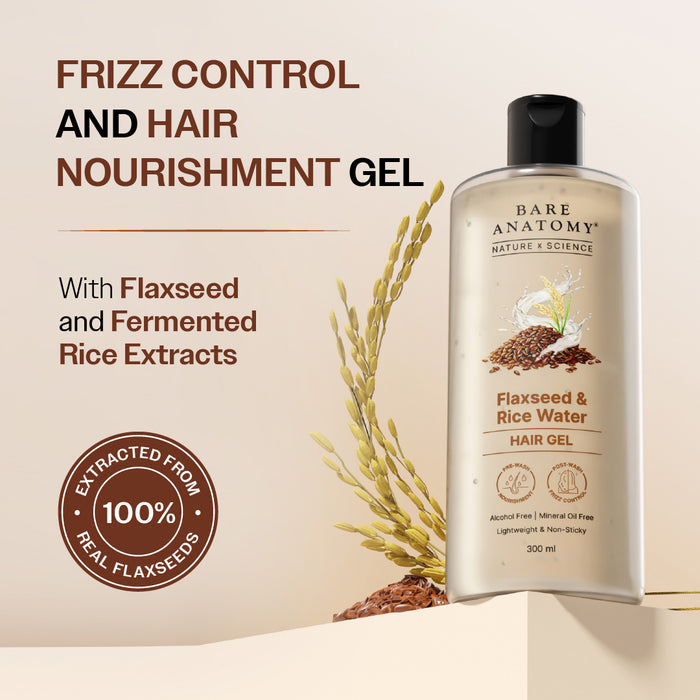 Bottle of Bare Anatomy Flaxseed & Rice Water Hair Gel with text on frizz control and hair nourishment.
