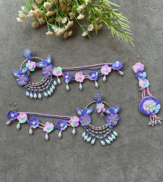 Floral Beaded Chandbali Earring Tikka Set – Purple & Blush Pink