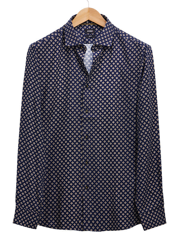 Fredrico Navy Printed Full Sleeve Single Cuff Slim Fit Party Wear Viscose Shirt