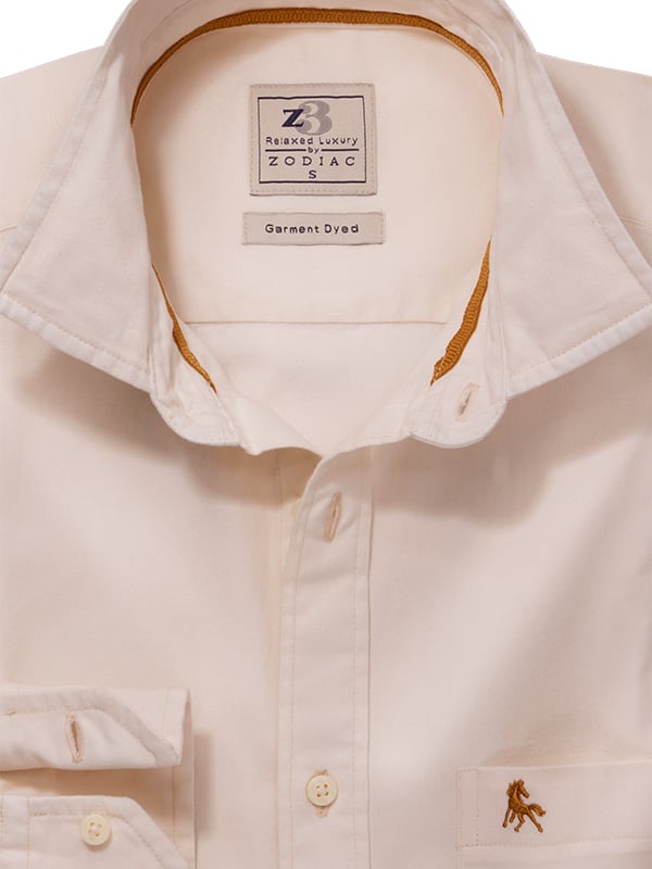 Gavi Twill Garment Dyed Ecru Solid Full Sleeve Tailored Fit Casual Cotton Shirt
