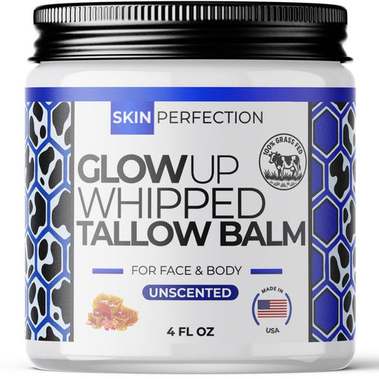 Glow Up Whipped Grass-Fed Tallow Balm open jar showing whipped texture unscented paraben-free made in USA