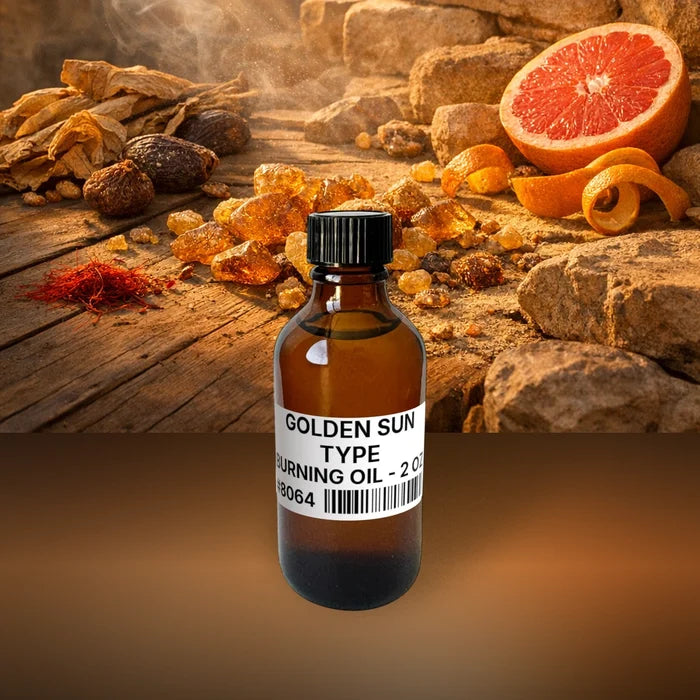 Golden Sun Type Burning Oil - 2 oz (57 g) fragrance bottle image with atmospheric background for Burning Oil. Premium lifestyle product photo for fragrance listing.