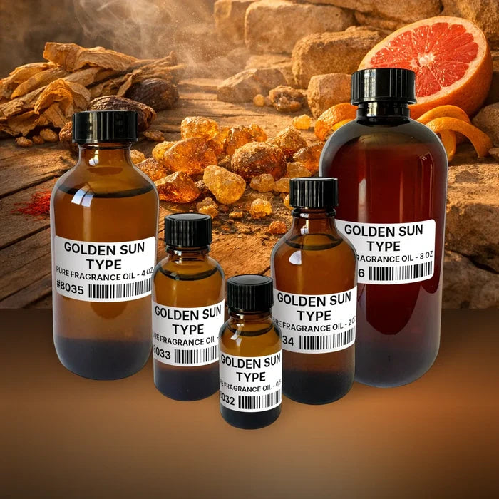 Golden Sun Type Pure Fragrance Oil - 2 lb (907 g) fragrance bottle image with atmospheric background for Pure Fragrance Oil. Premium lifestyle product photo for fragrance listing.