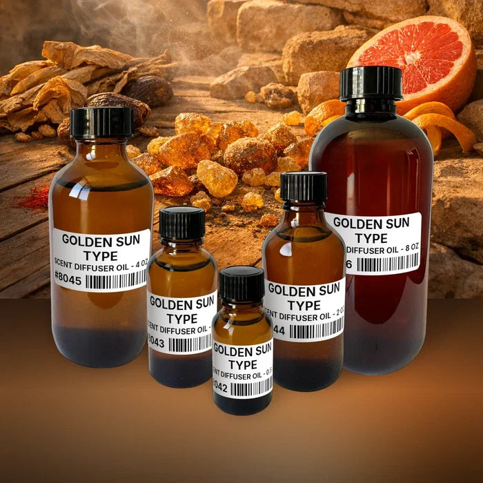Golden Sun Type Scent Diffuser Oil - 2 lb (907 g) fragrance bottle image with atmospheric background for Scent Diffuser Oil. Premium lifestyle product photo for fragrance listing.