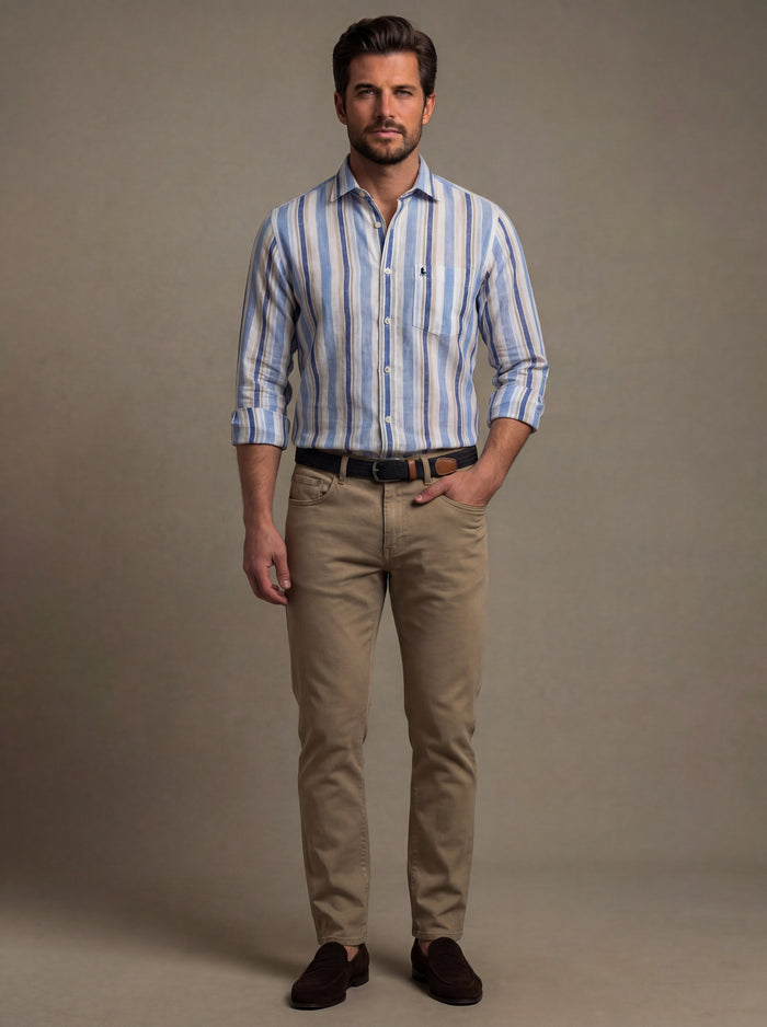 Graciosa Slub Blue Striped Full Sleeve Tailored Fit Casual Cotton Shirt