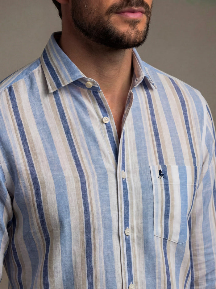 Graciosa Slub Blue Striped Full Sleeve Tailored Fit Casual Cotton Shirt