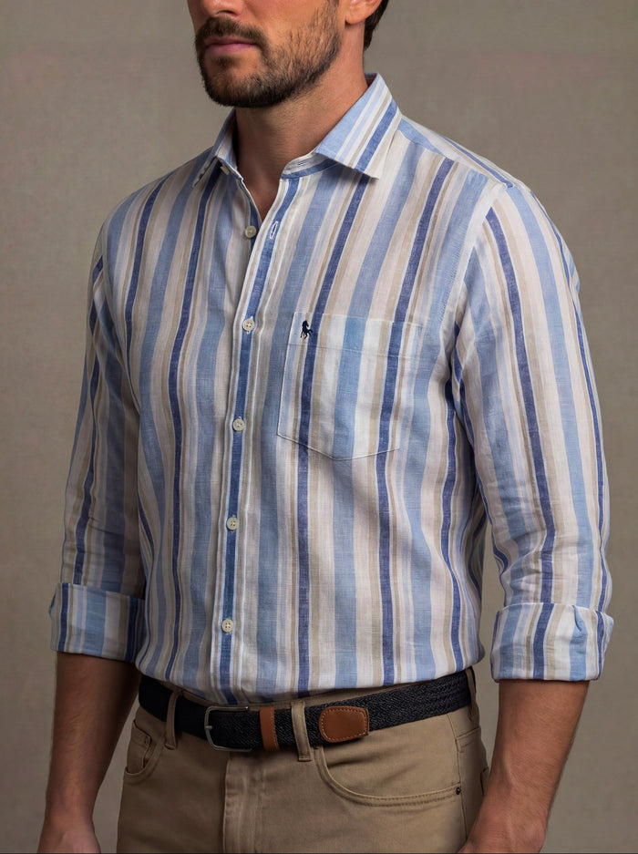 Graciosa Slub Blue Striped Full Sleeve Tailored Fit Casual Cotton Shirt