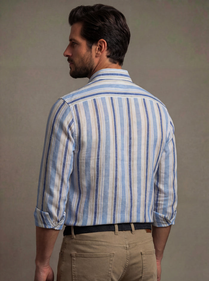 Graciosa Slub Blue Striped Full Sleeve Tailored Fit Casual Cotton Shirt