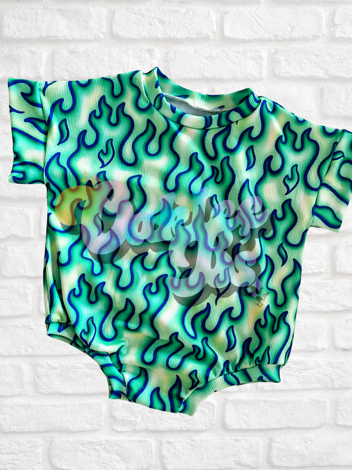 Green Flames Tee Romper w Snaps