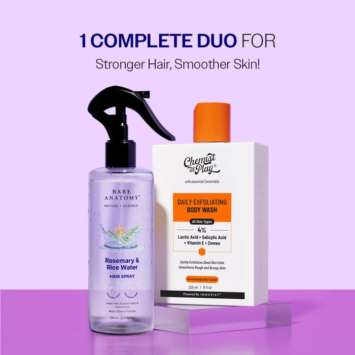 Two skincare products on a purple background with promotional text.