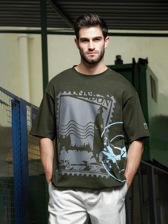 House Of Koala Oversized Olive Printed Drop-Shoulder Sleeve Pure Cotton T-Shirt