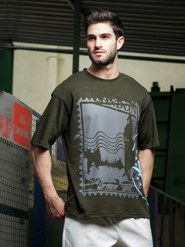 House Of Koala Oversized Olive Printed Drop-Shoulder Sleeve Pure Cotton T-Shirt