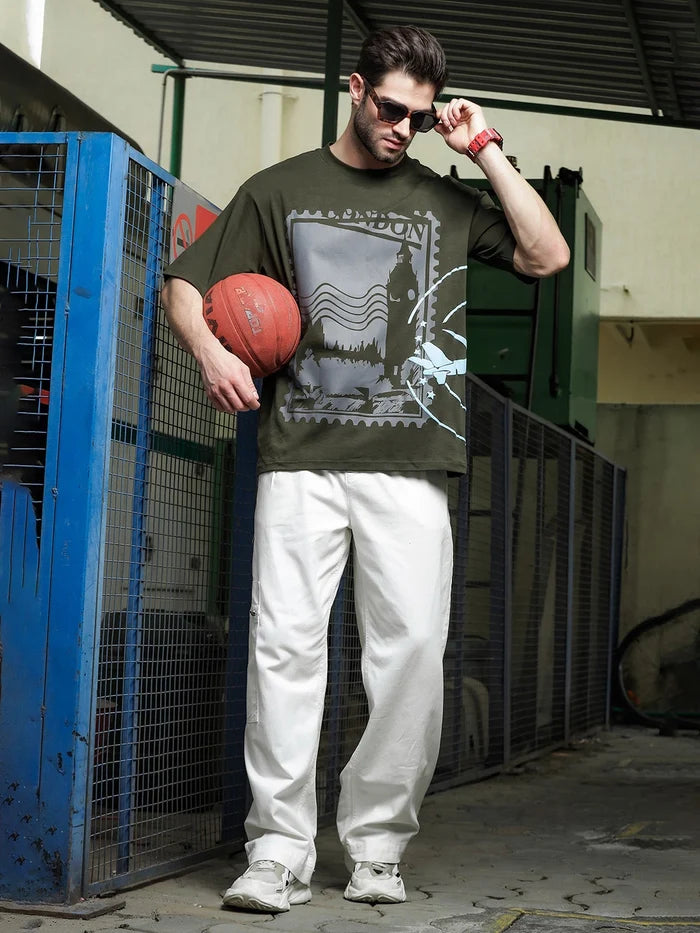 House Of Koala Oversized Olive Printed Drop-Shoulder Sleeve Pure Cotton T-Shirt