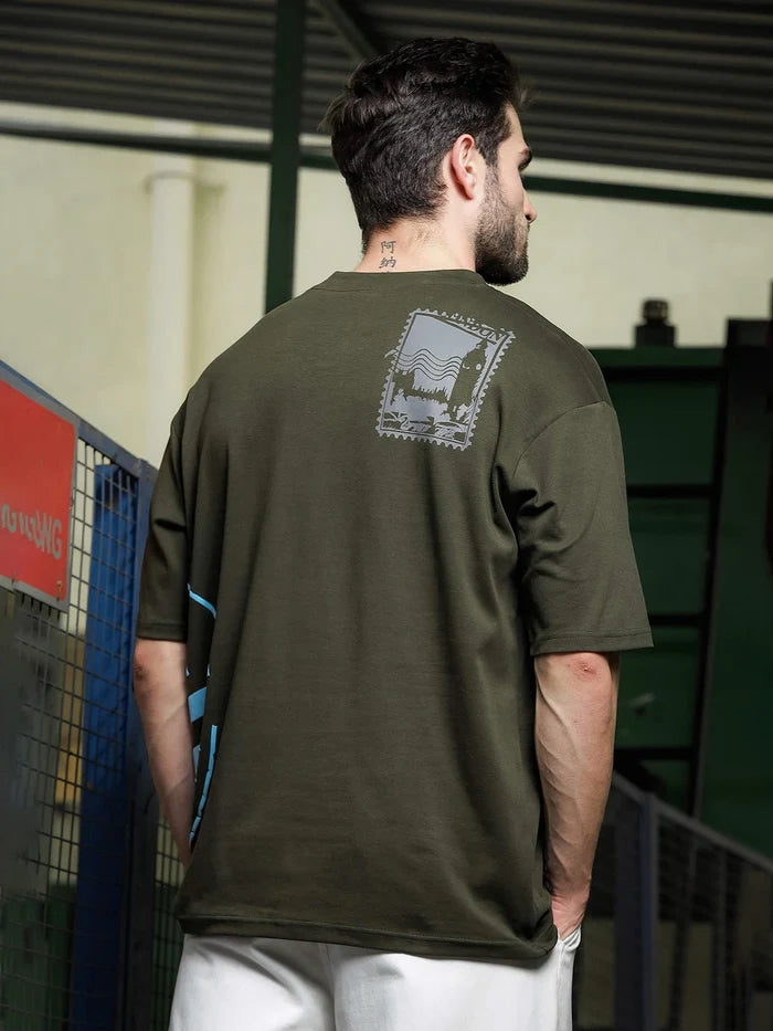 House Of Koala Oversized Olive Printed Drop-Shoulder Sleeve Pure Cotton T-Shirt