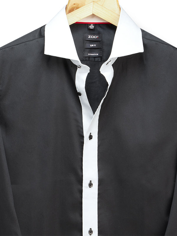 Ibiza Black Solid Full Sleeve Single Cuff Slim Fit Party Wear Blended Shirt