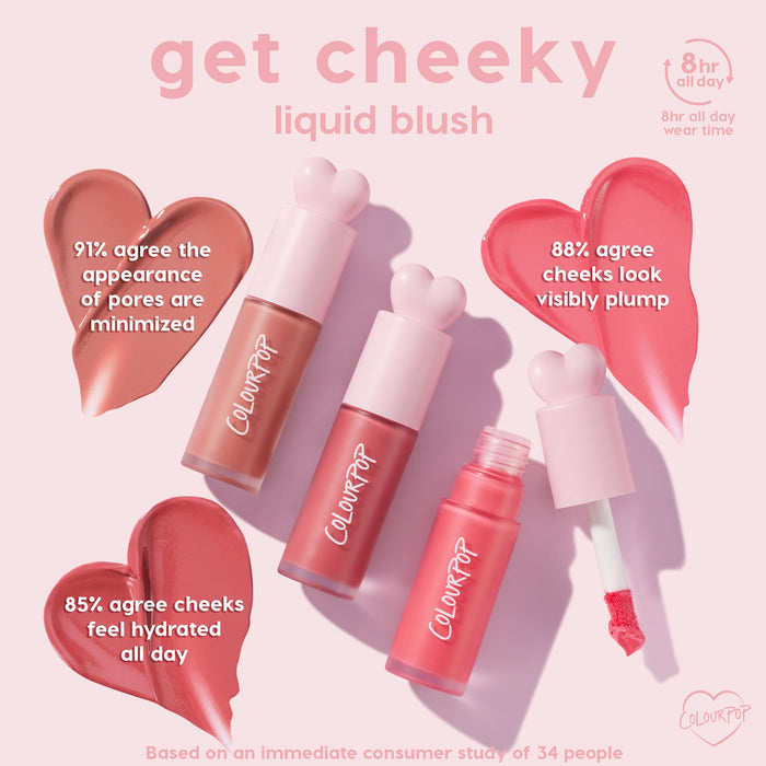 IKTR ColourPop Liquid Blush tubes showcase three pink-toned shades with heart-shaped caps, one opened to reveal a doe-foot applicator, beside heart swatches; graphic highlights 8-hour wear plus 91% pore-minimizing, 88% plumping, 85% all-day hydration on a soft pink backdrop.