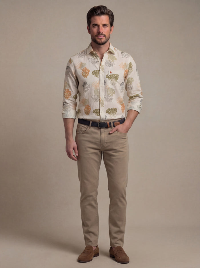 Kesalonia Slub Ecru Printed Full Sleeve Tailored Fit Casual Cotton Shirt