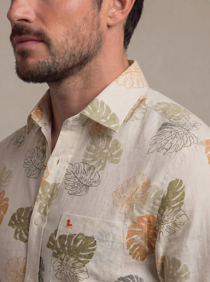 Kesalonia Slub Ecru Printed Full Sleeve Tailored Fit Casual Cotton Shirt