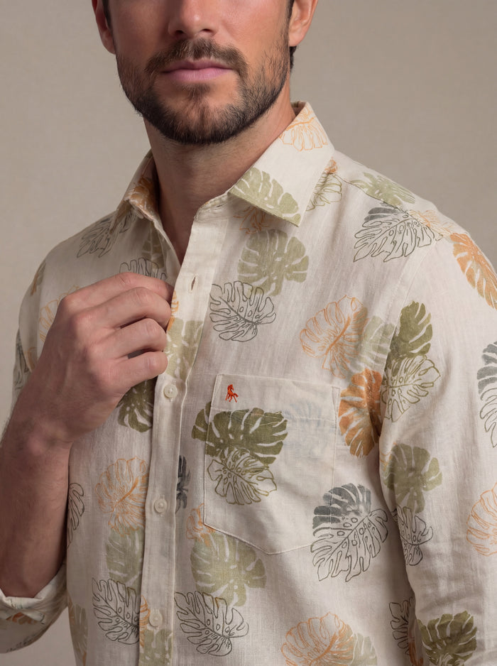 Kesalonia Slub Ecru Printed Full Sleeve Tailored Fit Casual Cotton Shirt
