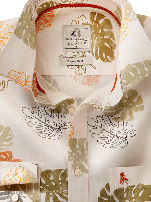 Kesalonia Slub Ecru Printed Full Sleeve Tailored Fit Casual Cotton Shirt