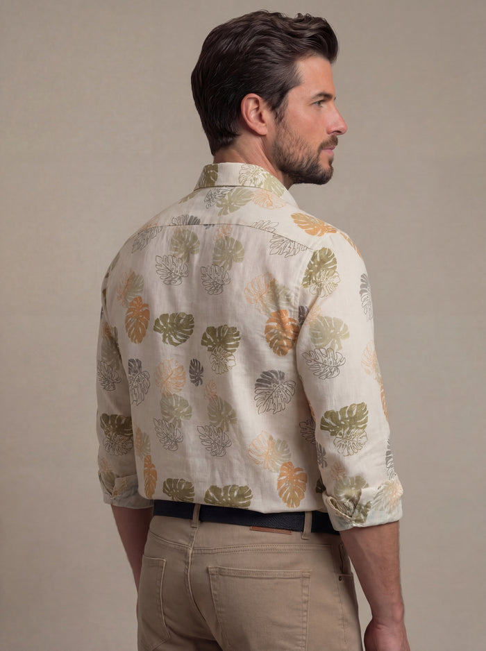 Kesalonia Slub Ecru Printed Full Sleeve Tailored Fit Casual Cotton Shirt