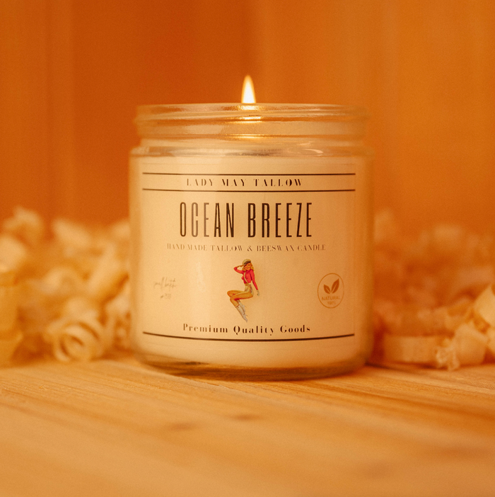 Lady May Tallow "Classic" Tallow & Beeswax Candle 16oz | 7 Natural Scents | Non-Toxic Clean Burning Ocean Breeze candle in glass jar