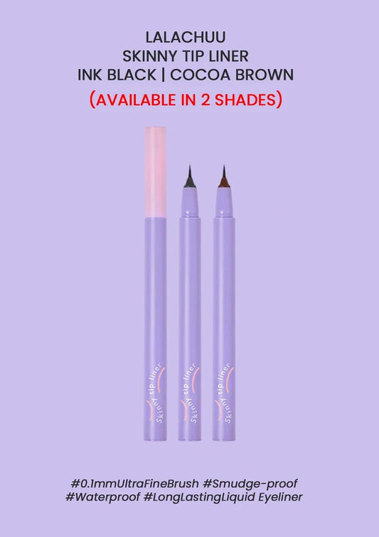 Lalachuu skinny tip liner with ink black and cocoa brown on a purple background
