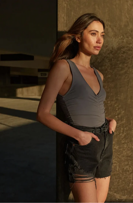 Lifted Fit Deep V Neck Ruch Bodice Knit Bodysuit