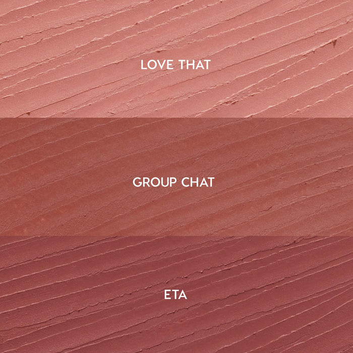Creamy lip liner swatches show three shades for the Lips Don’t Lie ColourPop So Juicy Plumping Lip Liner Set - Love That (soft pink nude), Group Chat (warm rose), and ETA (mauve) - streaked in horizontal bands on a textured background.