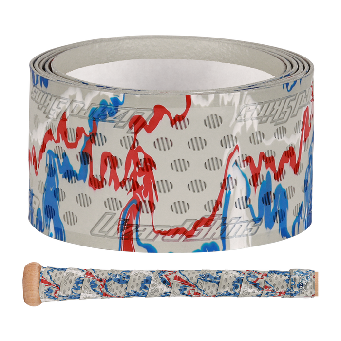 A roll of Lizard Skins DSP Ultra Camo 1.1mm Bat Grip, featuring a white base with blue and red wavy lines and gray dots; below, a wooden bat handle is wrapped with the same Lizard Skins grip.