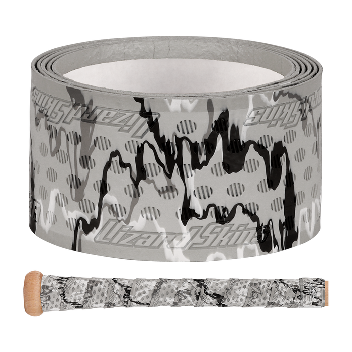The Lizard Skins DSP Ultra Camo 1.1mm Bat Grip features gray polymer tape with black abstract patterns and the Lizard Skins logo, designed to enhance grip on sports equipment.