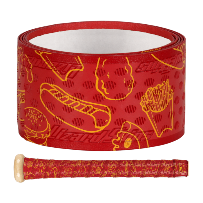 The Lizard Skins DSP Ultra Outburst 1.1mm Bat Grip in Stadium Eats features bright red grip tape with yellow fast food drawings—hot dog, burger, pizza, and fries. Durable polymer wrap is shown on a bat handle below. Brand: Lizard Skins.