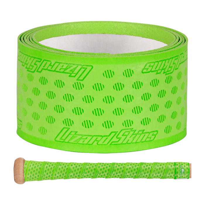 A roll of Lizard Skins DSP Ultra Solid 1.1mm Bat Grip in bright green with a dotted pattern and logo, shown next to a bat handle wrapped in the same vibrant Lizard Skins grip.