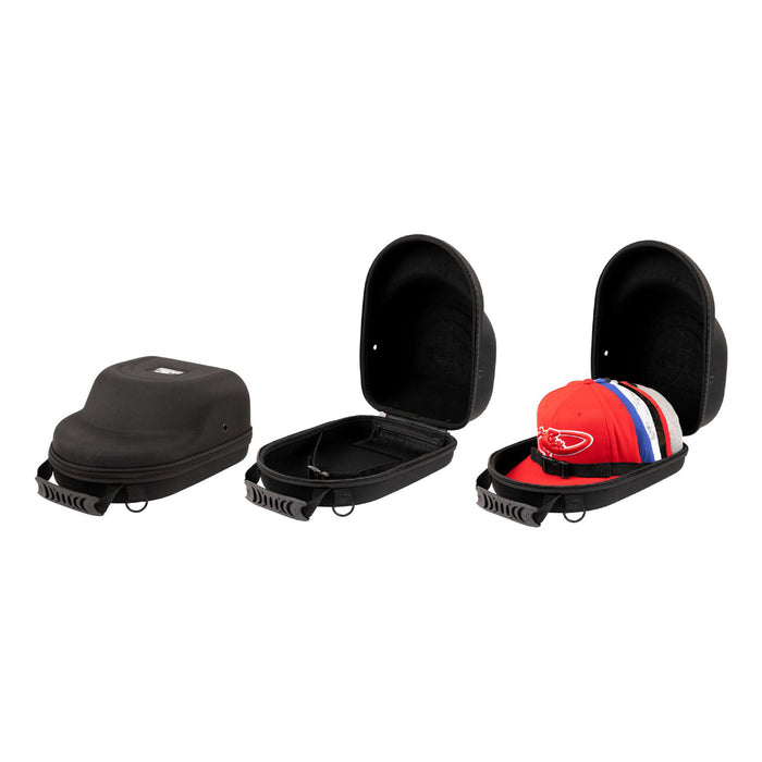 A sequence displays the Lizard Skins Hat Guardian: HATGD100 hard-shell black crush-proof hat case by Lizard Skins—first closed, then open and empty, then open with several stacked baseball caps inside.