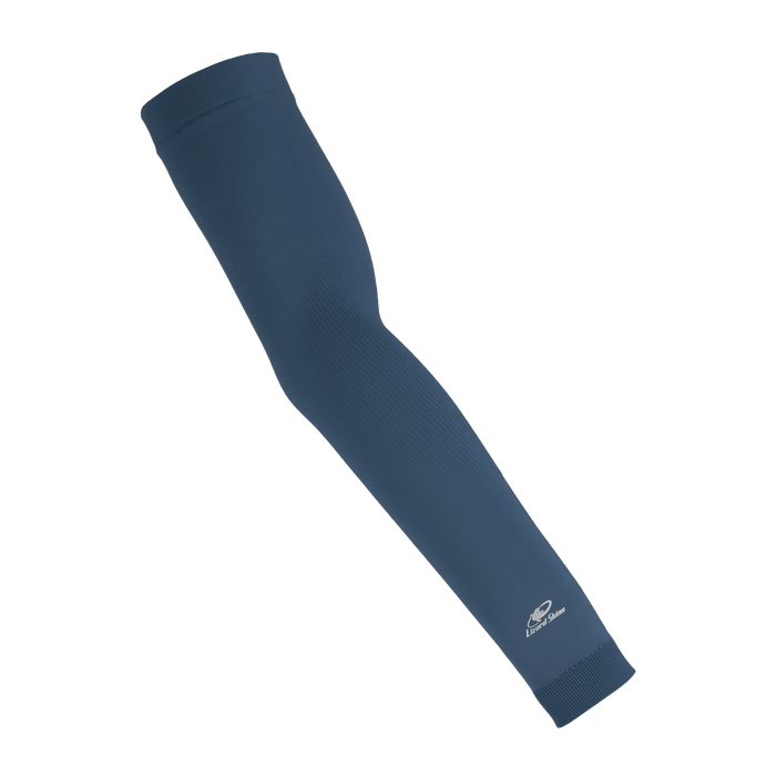 The Lizard Skins Knit Arm Sleeve: ARMK is a navy compression sleeve with a subtle textured pattern and a small white logo near the wrist, designed for muscle support, shown against a plain white background.