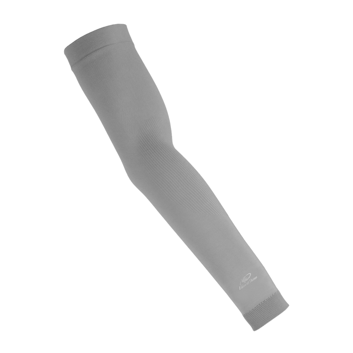 The Lizard Skins Knit Arm Sleeve: ARMK is a single gray, ribbed knit sleeve with a logo near the wrist, designed for muscle support by Lizard Skins. Displayed on a white background.
