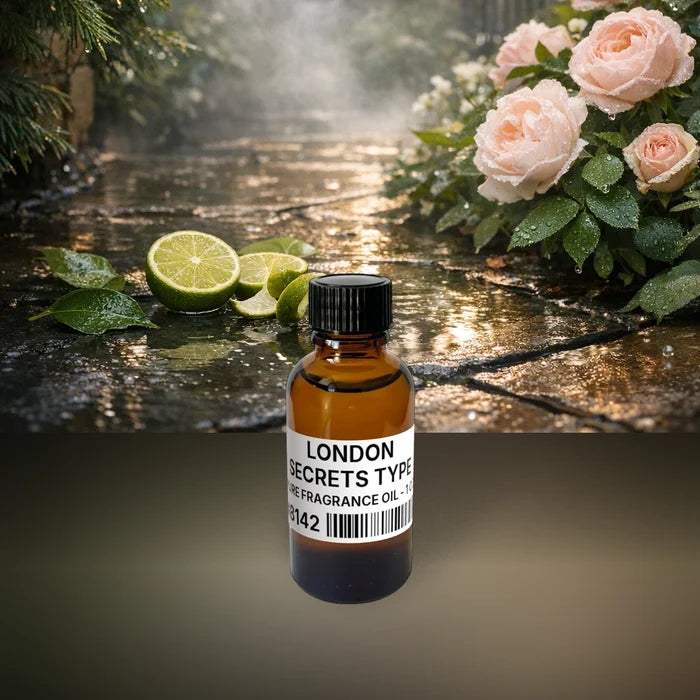 London Secrets Type Pure Fragrance Oil - 1 oz (28 g) fragrance bottle image with atmospheric background for Pure Fragrance Oil. Premium lifestyle product photo for fragrance listing.