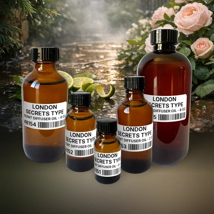 London Secrets Type Scent Diffuser Oil - 1 lb (454 g) fragrance bottle image with atmospheric background for Scent Diffuser Oil. Premium lifestyle product photo for fragrance listing.