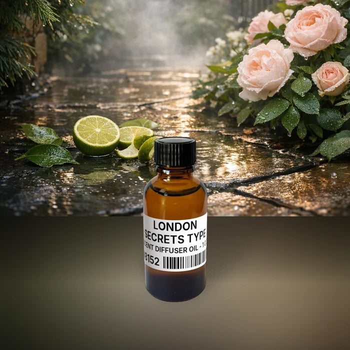 London Secrets Type Scent Diffuser Oil - 1 oz (28 g) fragrance bottle image with atmospheric background for Scent Diffuser Oil. Premium lifestyle product photo for fragrance listing.